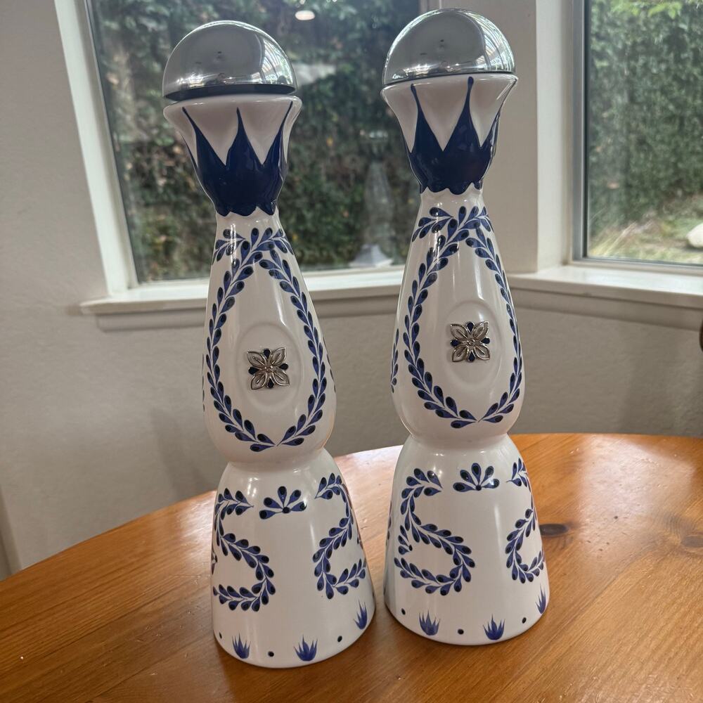 2 Clase Azul Reposado Tequila Empty Ceramic Decanter Bottles Blue White Rinsed